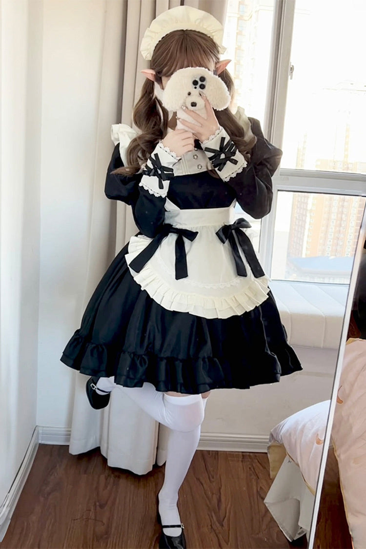Black/White Maid Long Sleeves Ruffle Bowknot Sweet Plus Size Lolita Dress Full Set - Product - 5