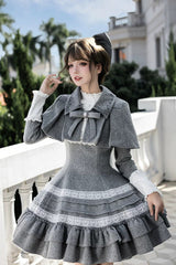 Grey [Letters and Poems · Old Memories] Stand Collar Long Sleeves Double-Layered Ruffled Bow Classic Elegant Lolita Dress 2 Versions - Product - 17