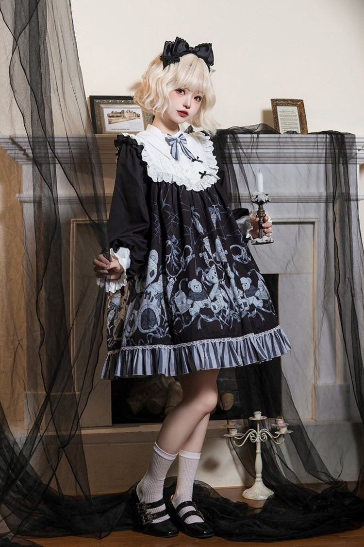 Black Long Sleeves Bear Printed Ruffled Bow Elegant Plus Size Gothic Lolita Dress - Product - 3