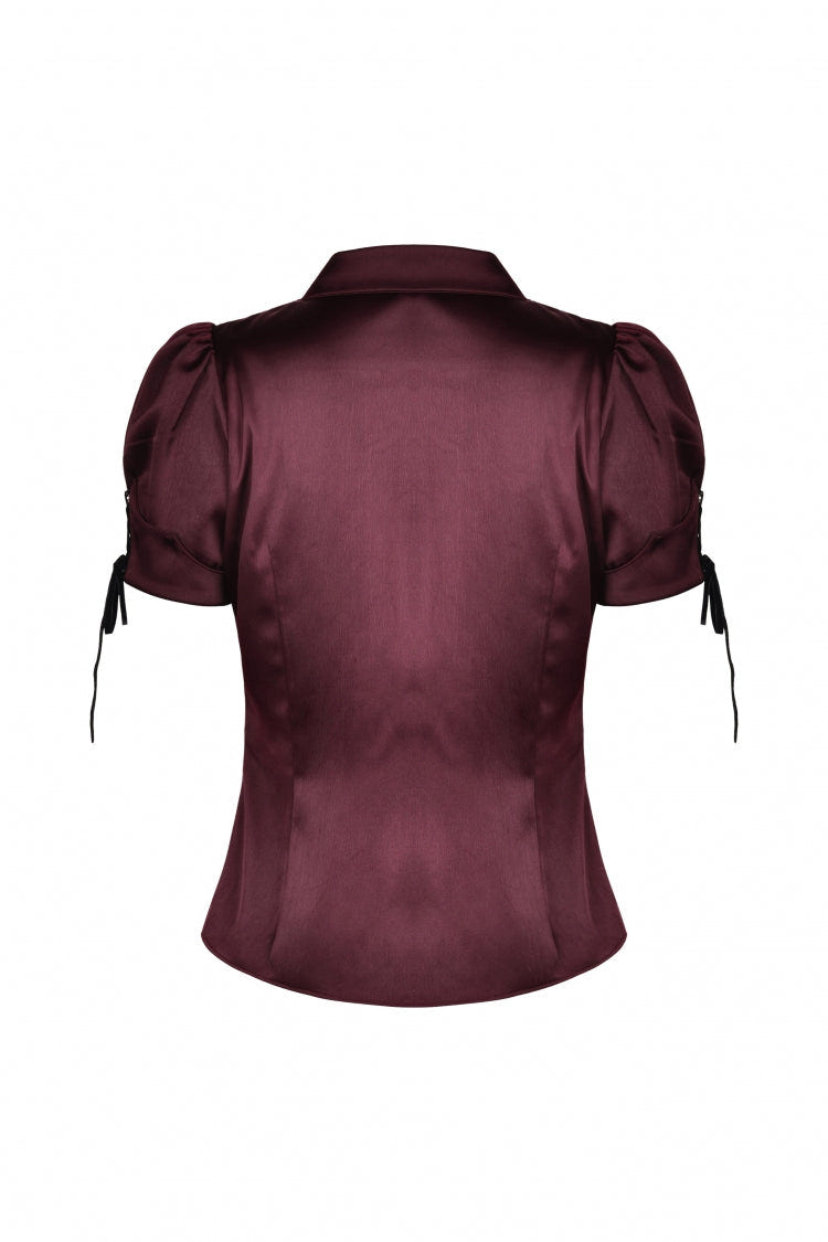 Wine Red Point Collar Short Puff Sleeves Ruffled Women's Gothic Elegant Blouse - Product - 17