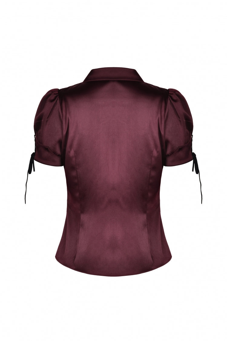 Wine Red Point Collar Short Puff Sleeves Ruffled Women's Gothic Elegant Blouse - Product - 17