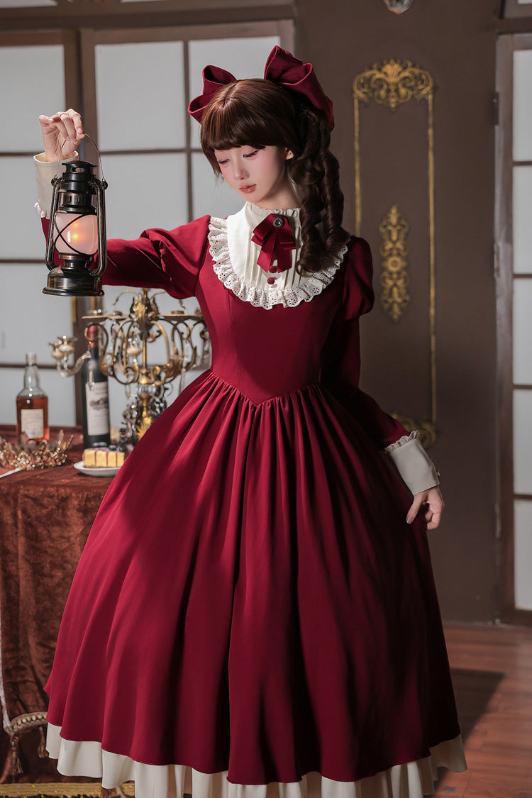 [Miss Lita] Stand Collar Long Lantern Sleeves Triple-Layered Ruffled Classic Elegant Maid Lolita Dress 2 Colors (Red, Black) - Product - 3