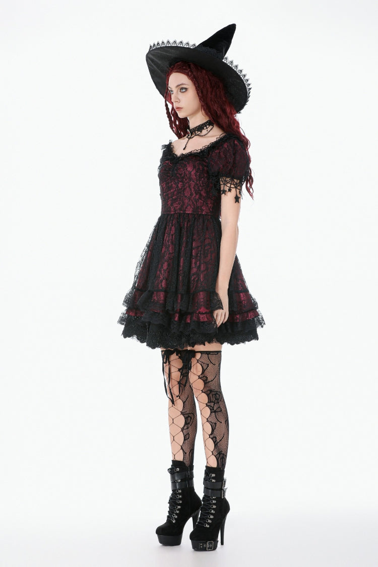 Black/Red Star Square-cut Collar Short Sleeves Lace Women's Gothic Priness Dress Graduation Dress - Product - 13