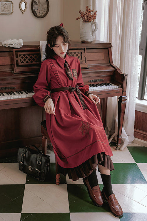 Vintage College Style Lapel Collar Long Sleeves Double Paneled Hem Sweet Lolita Dress - Product - 6