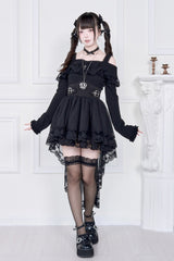 Jirai Kei Fake Two Pieces Off Shoulder Long Sleeves Ruffle Bowknot Lace Gothic Dress 2 Colors - Product - 3