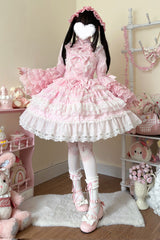 Pink [Love and Heart Flutter] Sleeveless Multi-Layered Ruffle Bowknot Lace Pearl Sweet Lolita Jsk Dress - Product - 5