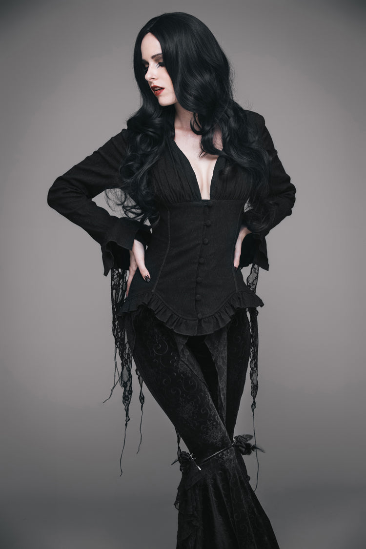 Black Retro Slim Deep V-Neck Tassel Long Sleeve Punk Blouse - Black - 1
