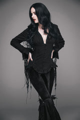 Black Retro Slim Deep V-Neck Tassel Long Sleeve Punk Blouse - Black - 1