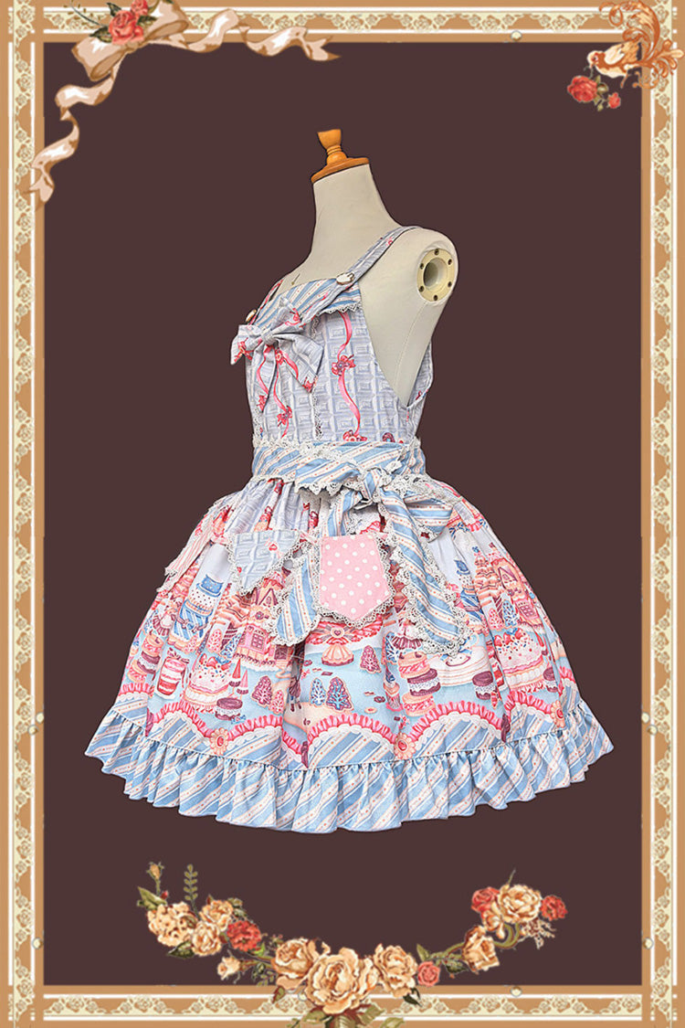Blue [Candy House] Square Collar Sleeveless Printed Ruffled Bow Sweet Lolita Strap Dress - Product - 3