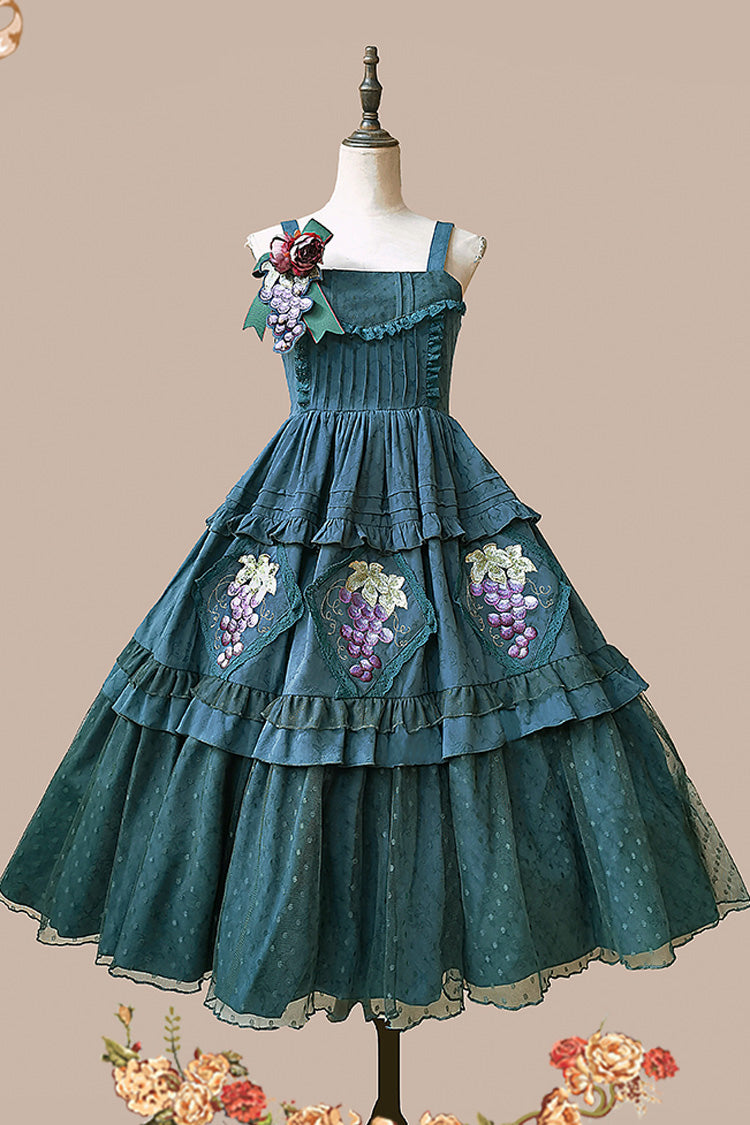 Green [Vineyard] Sleeveless Jacquard Print Ruffle Embroidery Sweet Lolita Jsk Dress - Product - 6