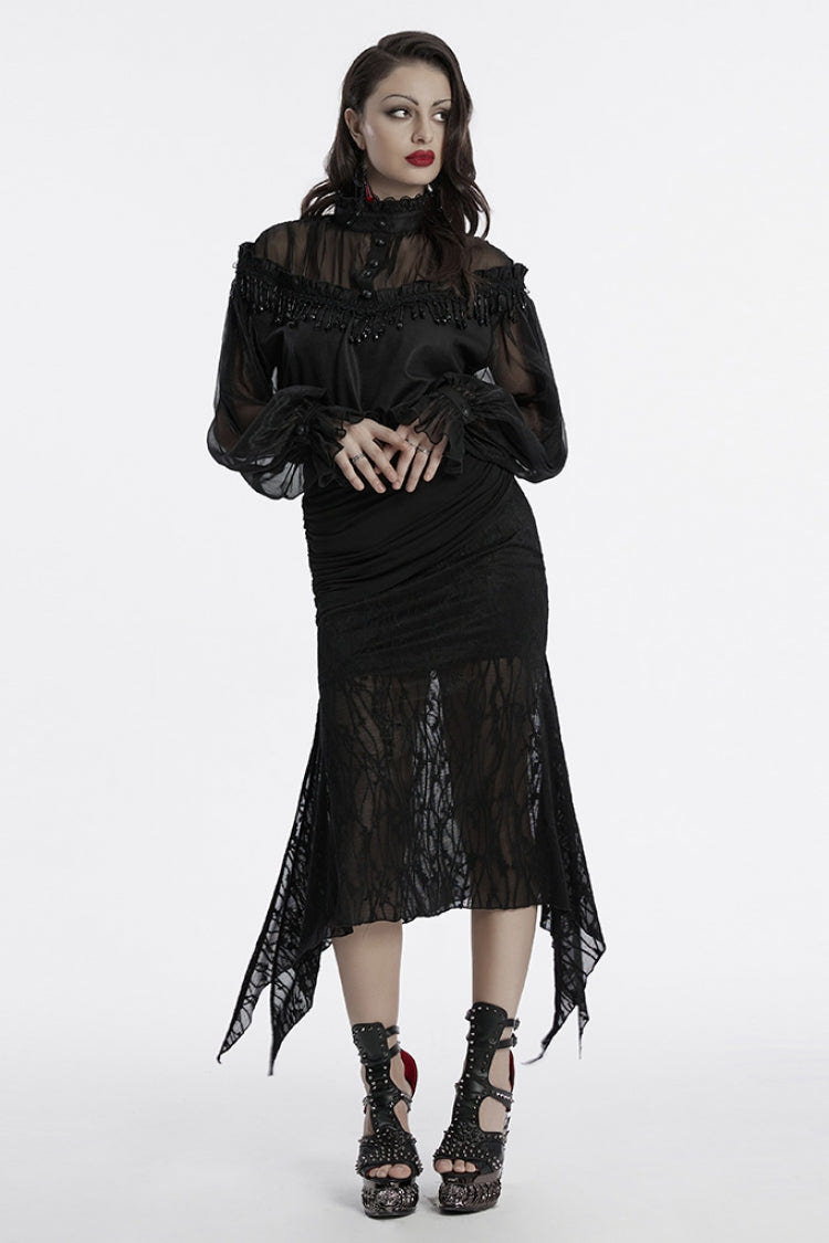 Black Long Sleeves Ruffle Sheer Mesh Women's Gothic Blouse - Product - 4