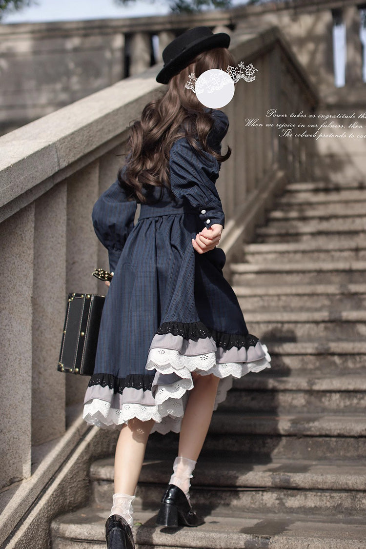 Dark Blue [Phyllis] Plaid Print Ruffle Bowknot Lace Vintage Elegant Lolita Dress - Product - 5