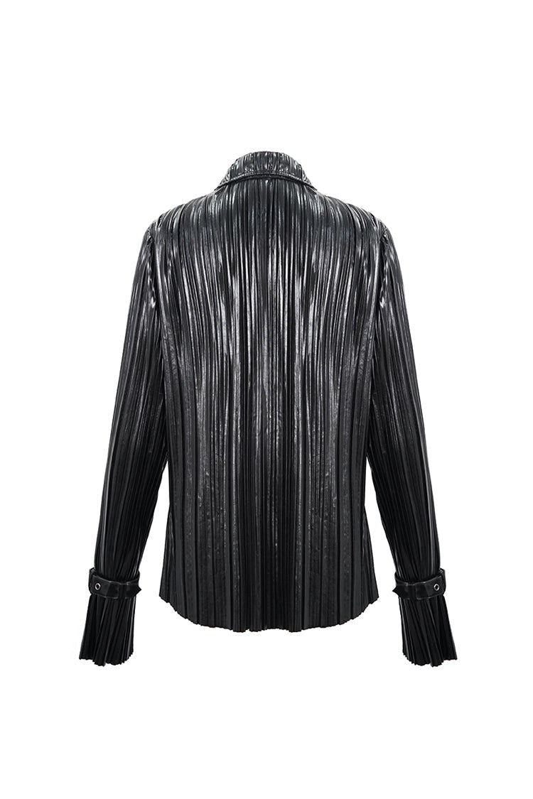 Black Metal Buckles Cuff Bright Pleated Pointed Collar Leather Loops Women's Punk Blouse - Product - 9