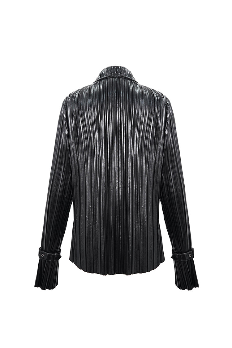 Black Metal Buckles Cuff Bright Pleated Pointed Collar Leather Loops Women's Punk Blouse - Product - 9