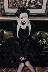 Pure Black Puff Short Sleeves Princess Gothic Lolita Tiered Dress - Product - 8