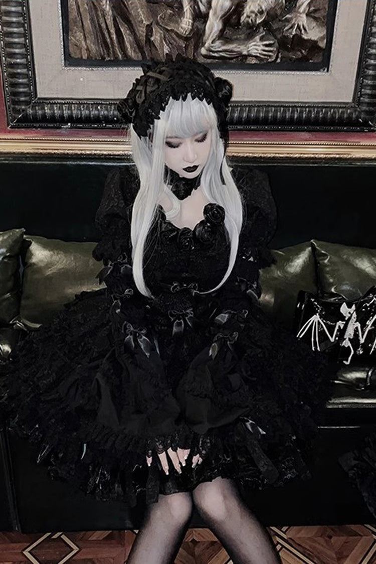 Pure Black Puff Short Sleeves Princess Gothic Lolita Tiered Dress - Product - 8