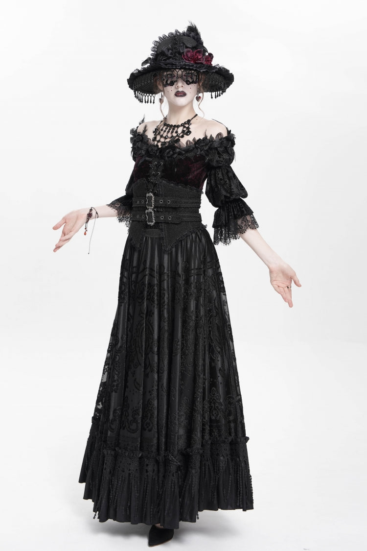 Black Jacquard Embroidery Buckle Tassels Women's Gothic Long Skirt - Product - 2