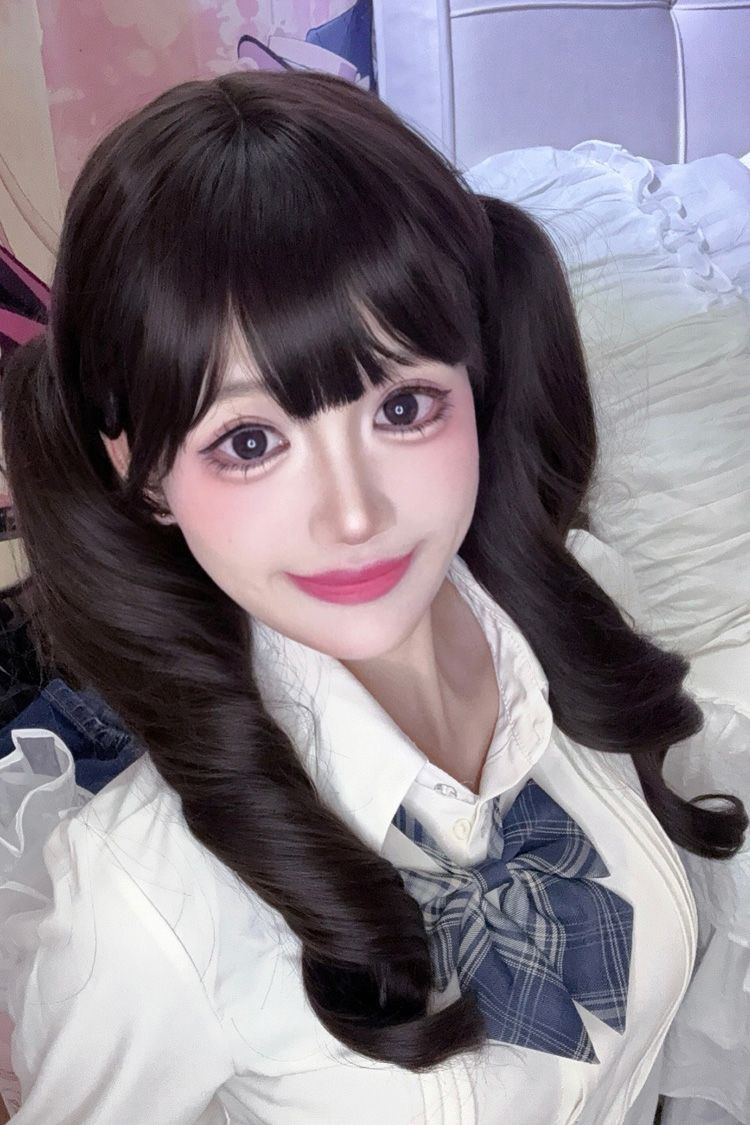 Black Tea Brown Sweet Lolita Long Curly Twin Tail Wig with Straight Bangs - Product - 4