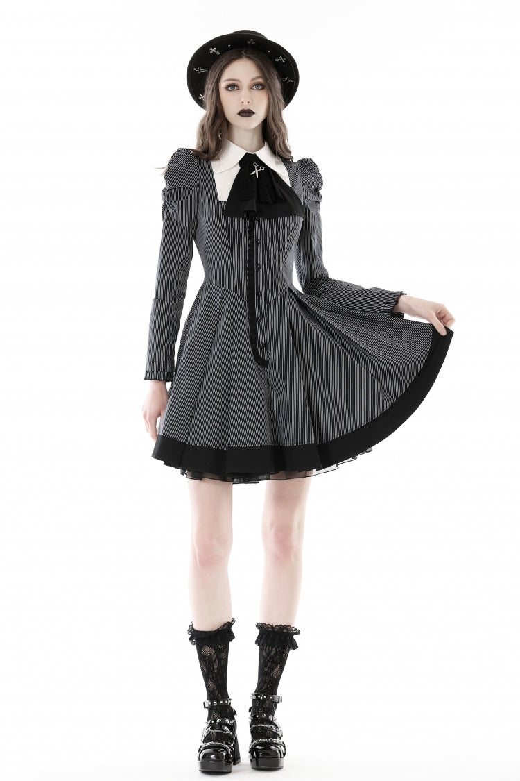 Black/White Lapel Collar Long Puff Sleeves Women's Gothic Striped Preppy Style Dress - Product - 13
