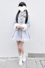[Plush Lop-eared Rabbit] Long Sleeves Bowknot Lace Hooded Sweet Jirai Kei Coat 5 Colors - Product - 7