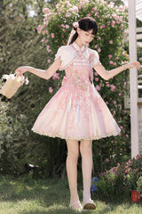 Pink [Whispers on Falling Cherry Blossoms] Printed Embroidered Tassel Sweet Classic Chinese Style Lolita Jsk Dress Set - Product - 2