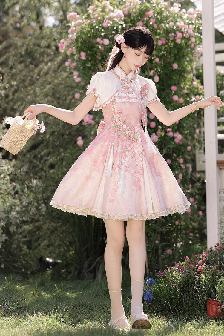 Pink [Whispers on Falling Cherry Blossoms] Printed Embroidered Tassel Sweet Classic Chinese Style Lolita Jsk Dress Set - Product - 2