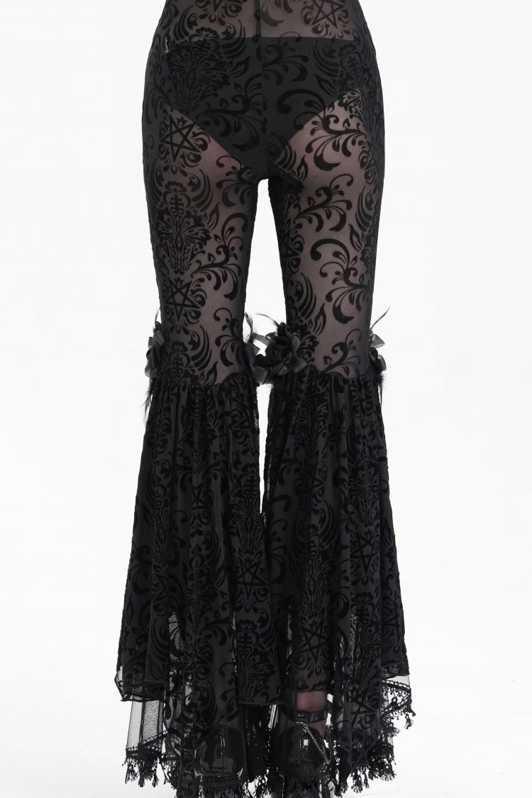 Black Embroidery Lace Sheer Mesh Tassels Women's Gothic Pants - Product - 6