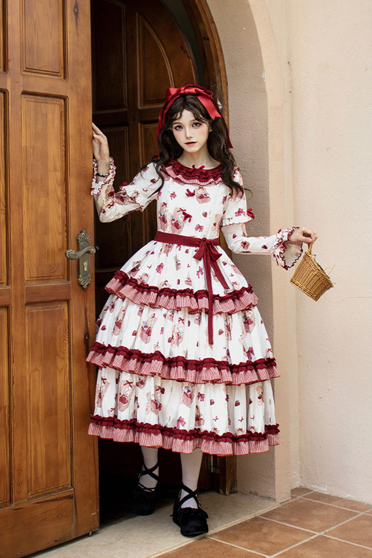 White/Pink [Bell Strawberry Farm] Print Long Sleeves Triple-Layered Ruffle Sweet Lolita Dress - Product - 2