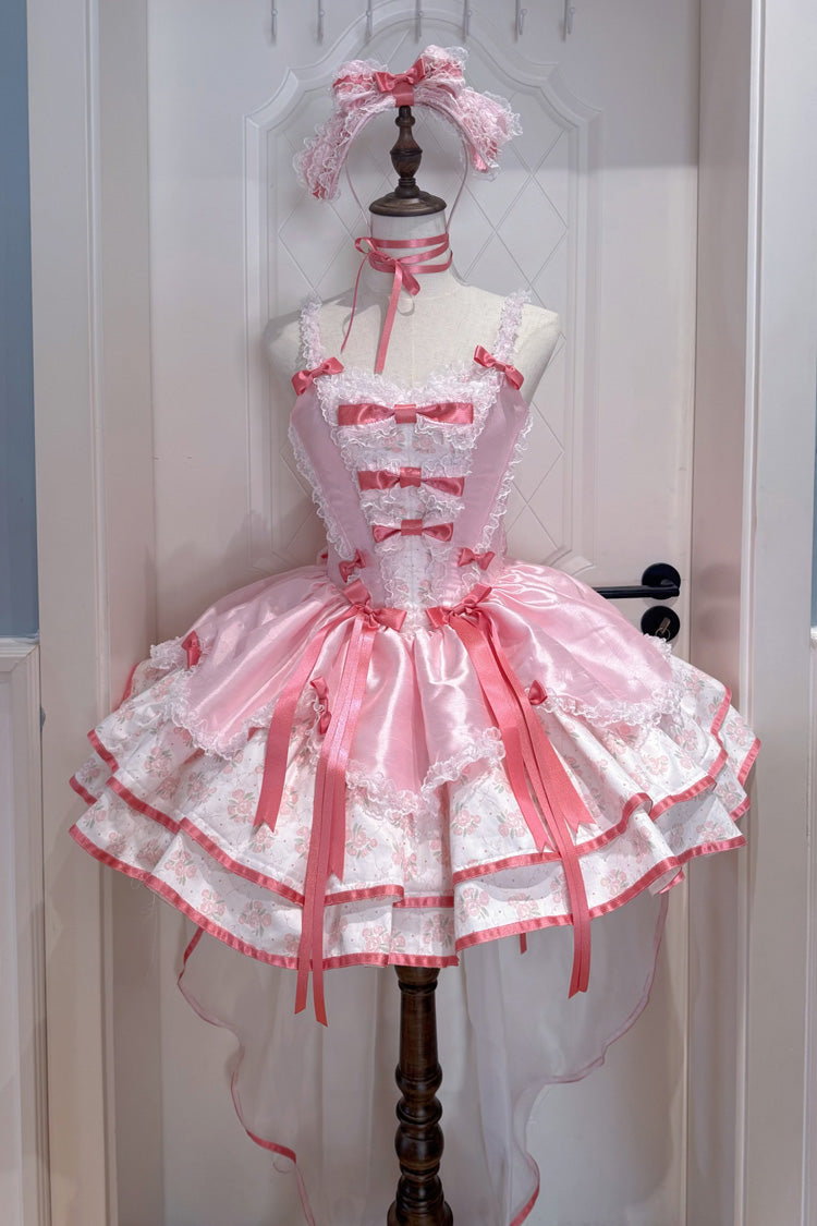 Pink [Jasmine Rain] Square Collar Sleeveless Triple-Layered Polka Dot Printed Ruffled Bow Lace Sweet Lolita Jsk Dress - Pink(Dress-Only) - 1