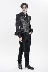 Black Lapel Collar Off Shoulder Halterneck Sleeveless Jacquard Lace Slim Color-Blocked Men's Gothic Palace Vest - Product - 5