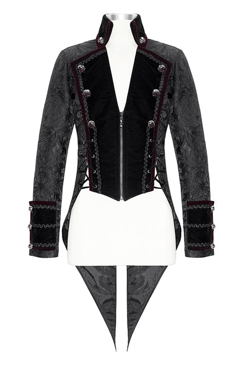Black Jacquard Floral Pattern Velveteen Swallowtail Mens Gothic Coat - Product - 4