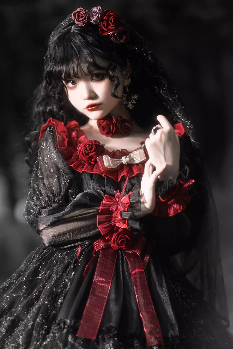 Black/Red [Perlia’s Night] Long Puff Sleeves Ruffled Open-Front Bow Lace Gothic Lolita Dress - Product - 2