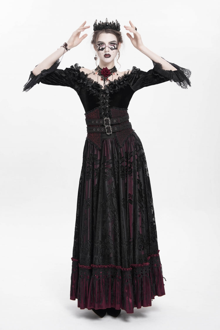 Red Jacquard Embroidery Buckle Tassels Women's Gothic Long Skirt - Product - 5