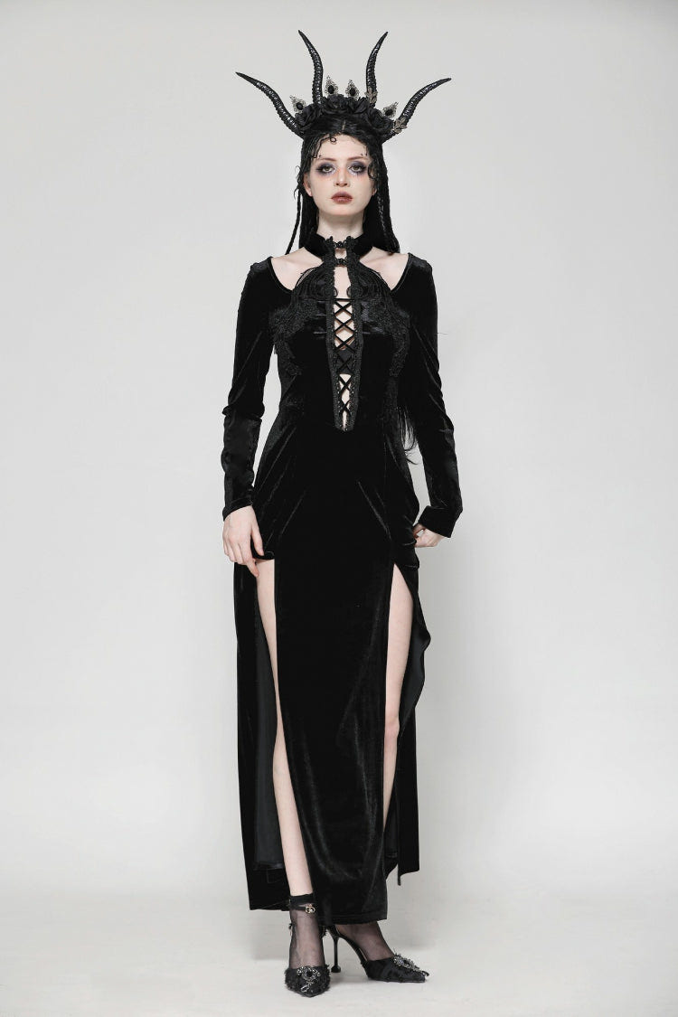 Black Long Sleeves Cut-Out Lace-Up Women's Gothic Side Slit Velvet Party Dress Wedding Dress - Product - 2