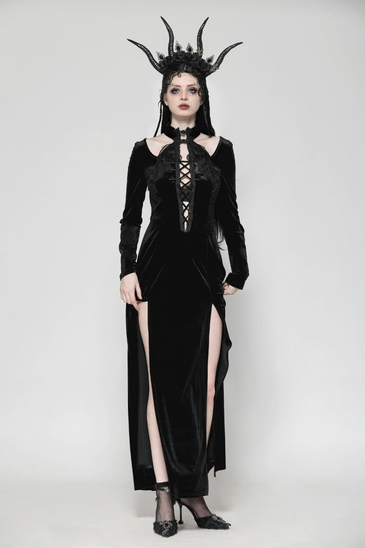Black Long Sleeves Cut-Out Lace-Up Women's Gothic Side Slit Velvet Party Dress Wedding Dress - Product - 2