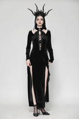 Black Long Sleeves Cut-Out Lace-Up Women's Gothic Side Slit Velvet Party Dress Wedding Dress - Product - 2