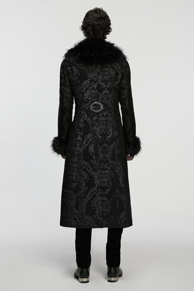 Black Fuax Fur Collar Long Sleeves Jacquard Zipper Men's Gothic Coat - Product - 3