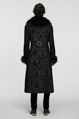 Black Fuax Fur Collar Long Sleeves Jacquard Zipper Men's Gothic Coat - Product - 3