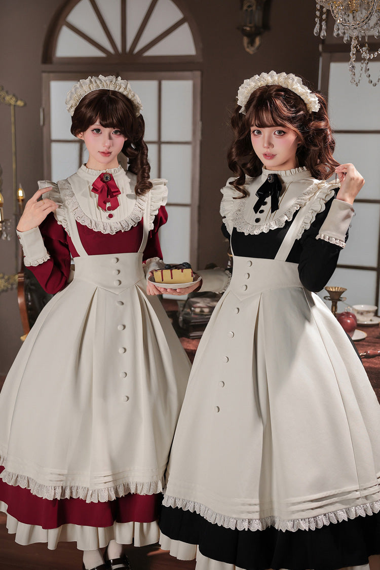 [Miss Lita] Stand Collar Long Lantern Sleeves Triple-Layered Ruffled Classic Elegant Maid Lolita Dress 2 Colors (Red, Black) - Product - 6