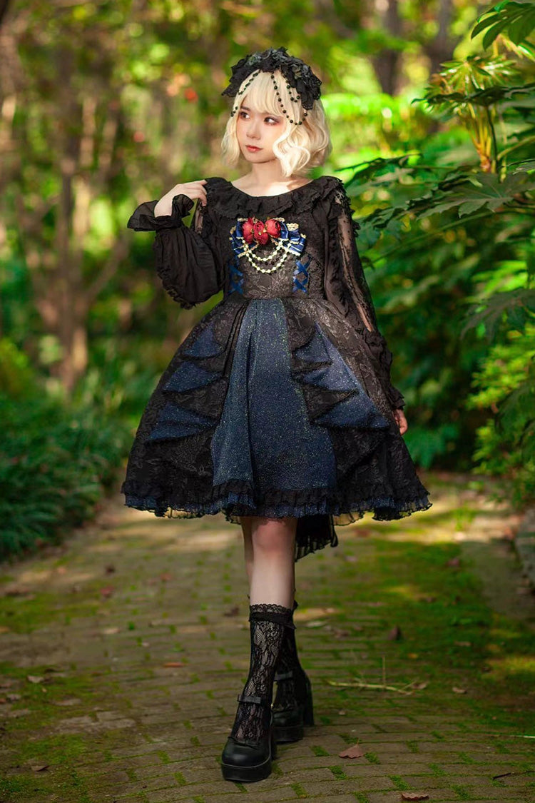 Black/Blue Ruffle Cardigan Bowknot Lace Classic Lolita Dress - Black/Blue - 1