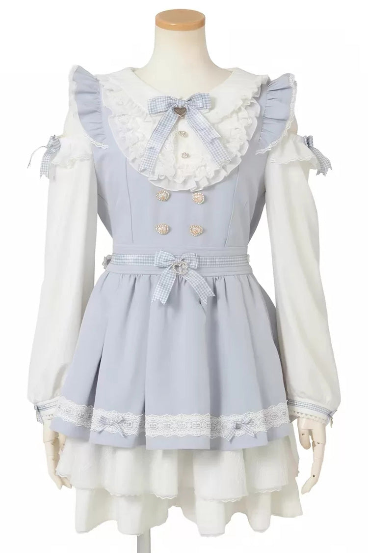 Sweet Off Shoulder Long Sleeves Ruffled Bow Lace Jirai Kei Japanese Dress Shorts Set - Blue(Set) - 4