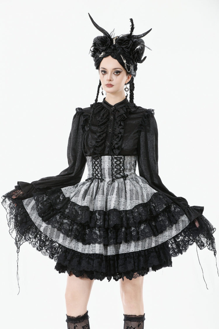 Black/Grey High Waisted Lace-Up Lace Ruffled Layered Hem Women's Lolita Gothic Skirt - Product - 5