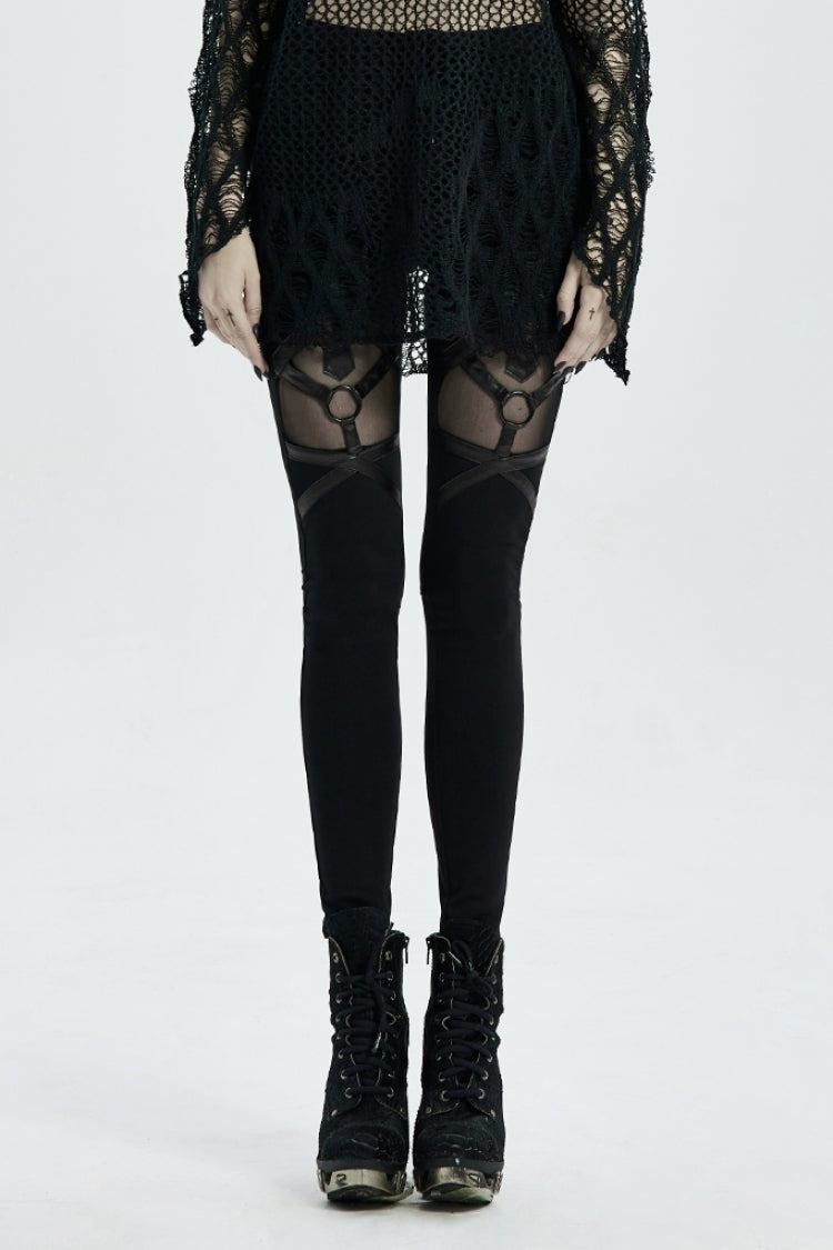 Black Devil'S Eye Metal Ring Decoration Stitching Women's Gothic Leggings - Black - 1