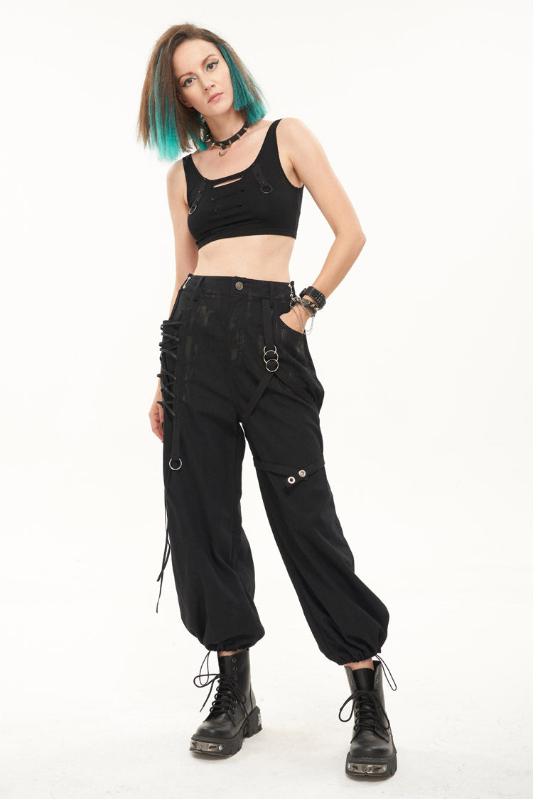 Black Irregular Print Single Side Frenulum Ring Legs Drawstring Closing Women's Punk Pants - Product - 5