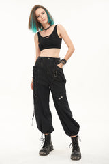 Black Irregular Print Single Side Frenulum Ring Legs Drawstring Closing Women's Punk Pants - Product - 5