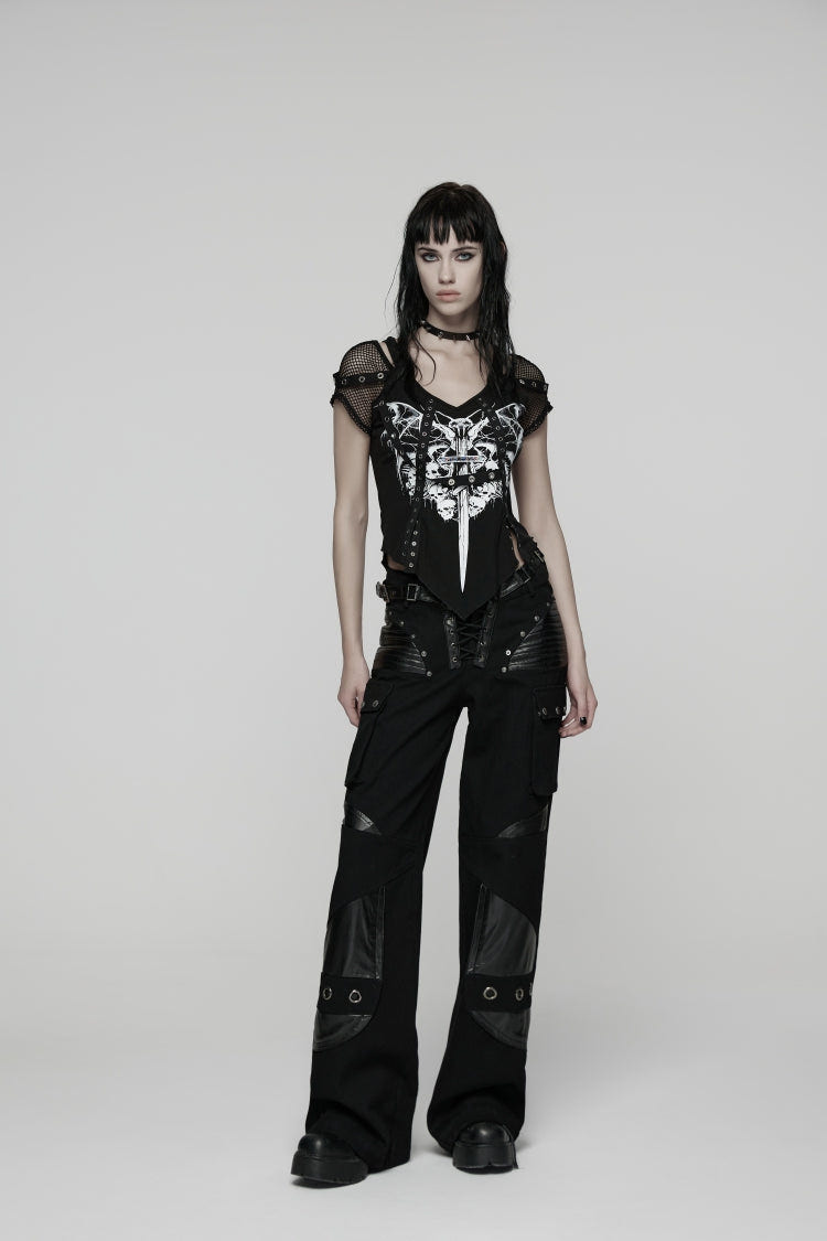 Black Lace Lace-Up Buckled Women's Big Pocket Punk Pants - Black - 1