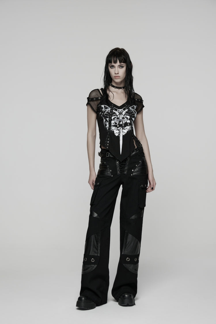 Black Lace Lace-Up Buckled Women's Big Pocket Punk Pants - Black - 1