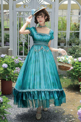 Blue/Green [Water Lily] Square Collar Ruffled Lace-Up Sweet Royal Lolita Dress 2 Versions - Blue/Green(OP) - 18