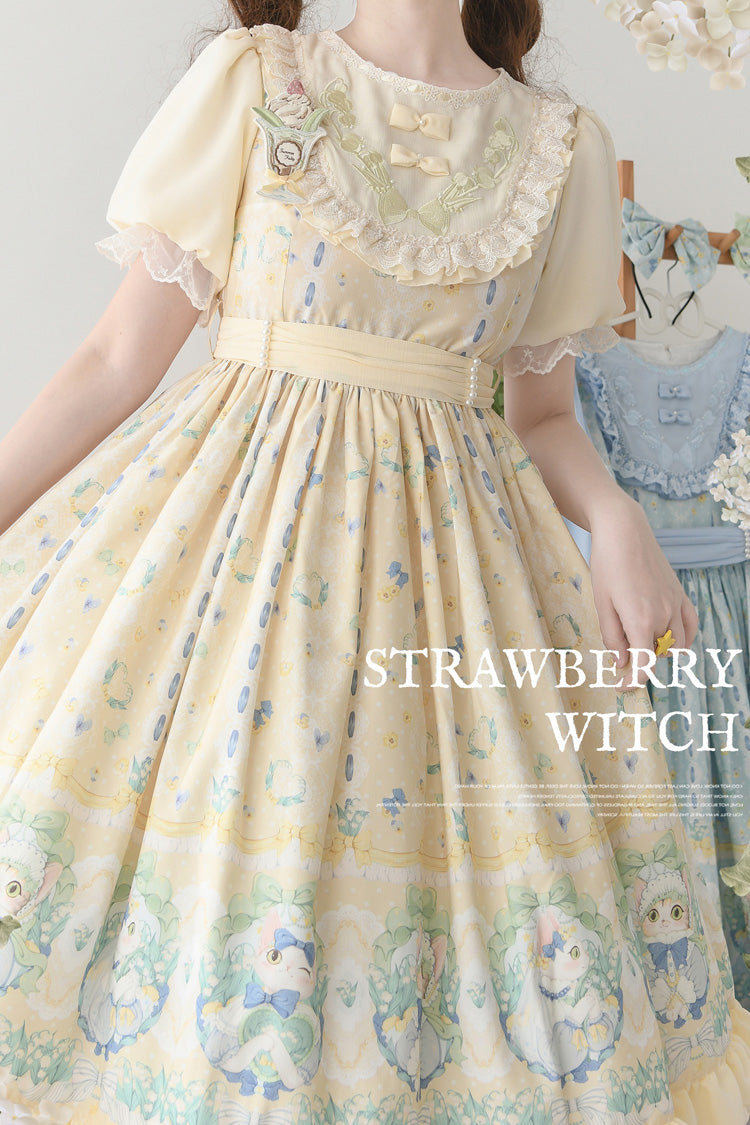 Beige [Lily of the Valley Cat] Print Ruffle Embroidery Bowknot Sweet Lolita Dress - Product - 6