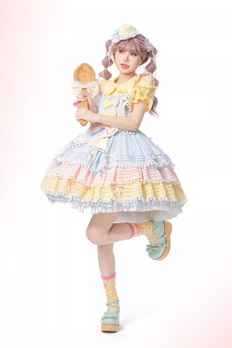 ブルー／ピンク／イエロー スイートハートマカロン アイスクリームティアード フリルリボン スウィートロリータワンピース 商品画像